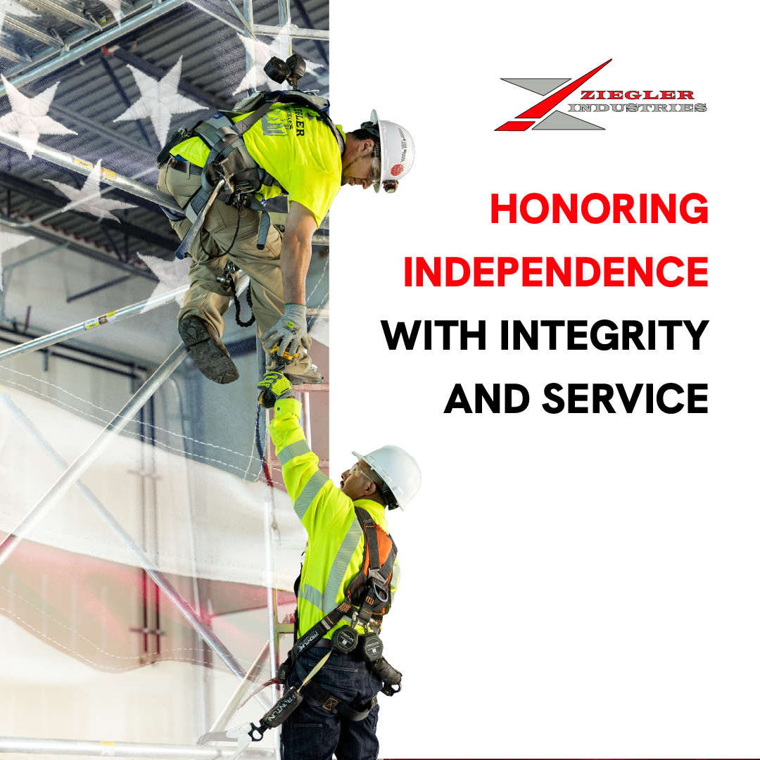 Two construction workers in harnesses repairing a ceiling beneath an American flag, with “Honoring Independence” text.
