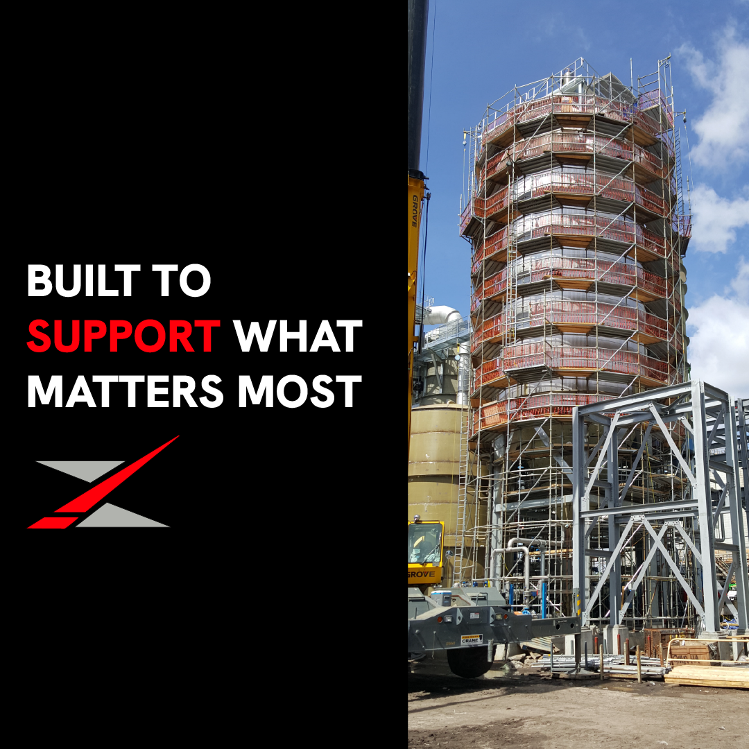 Construction site with scaffolded tower and text “Built to support what matters most.”