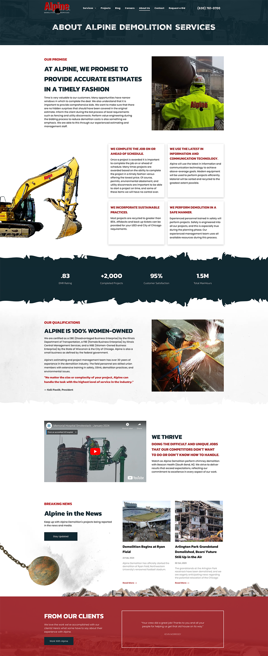 Industrial website page with construction machinery, project photos, and text sections on a dark teal and red layout