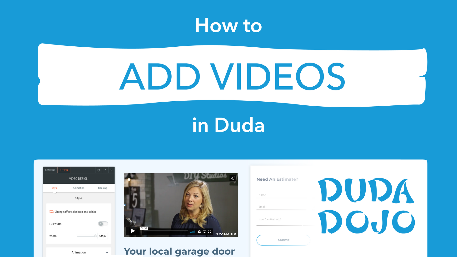 How to add videos in Duda, with blue title text and Duda Dojo logo on a white background