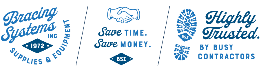 Blue vintage-style business logos for Bracing Systems, Save the Money, and Highly Trained by Bust Contractors.