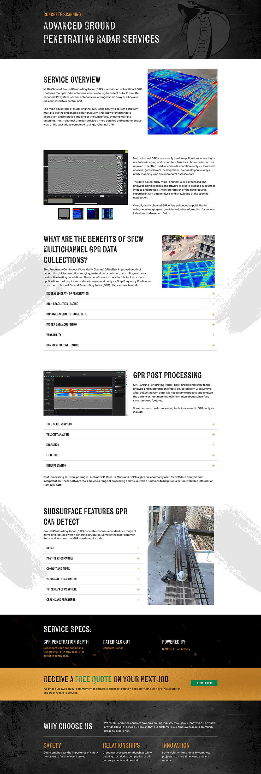 Screenshot of a webpage with multiple colorful chart images, text blocks, and a dark header/footer.