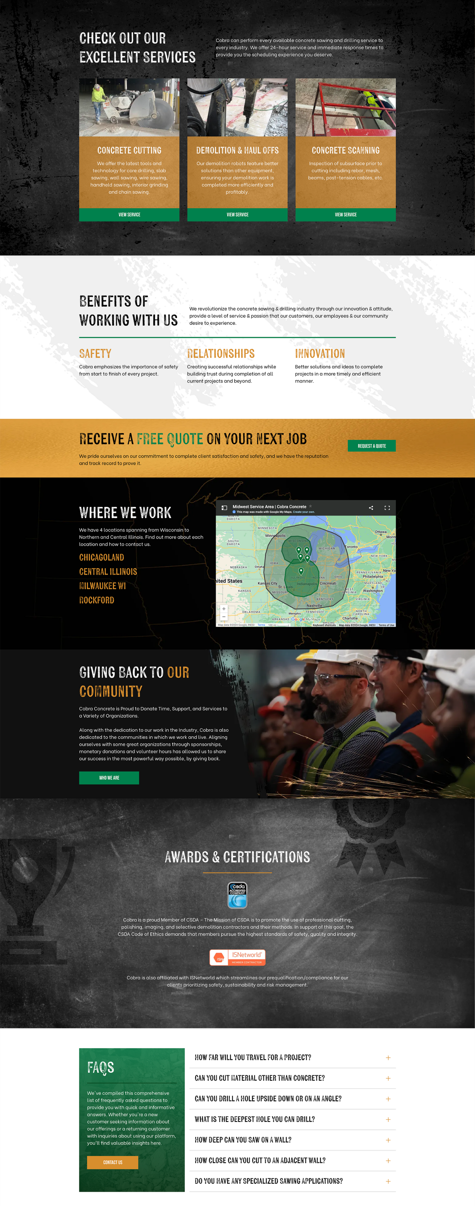 Dark-themed webpage with green and gold sections, cards, and a map graphic promoting a service or event.