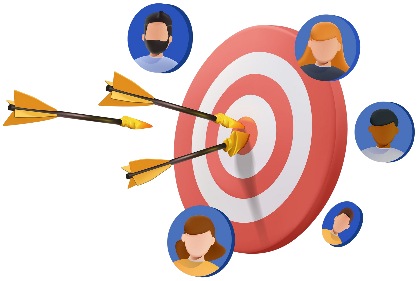 Arrows hitting a red-and-white target with five circular profile icons around it