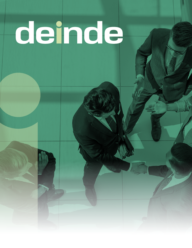Green-tinted corporate meeting scene with people standing around a table and the word “deinde” at top left