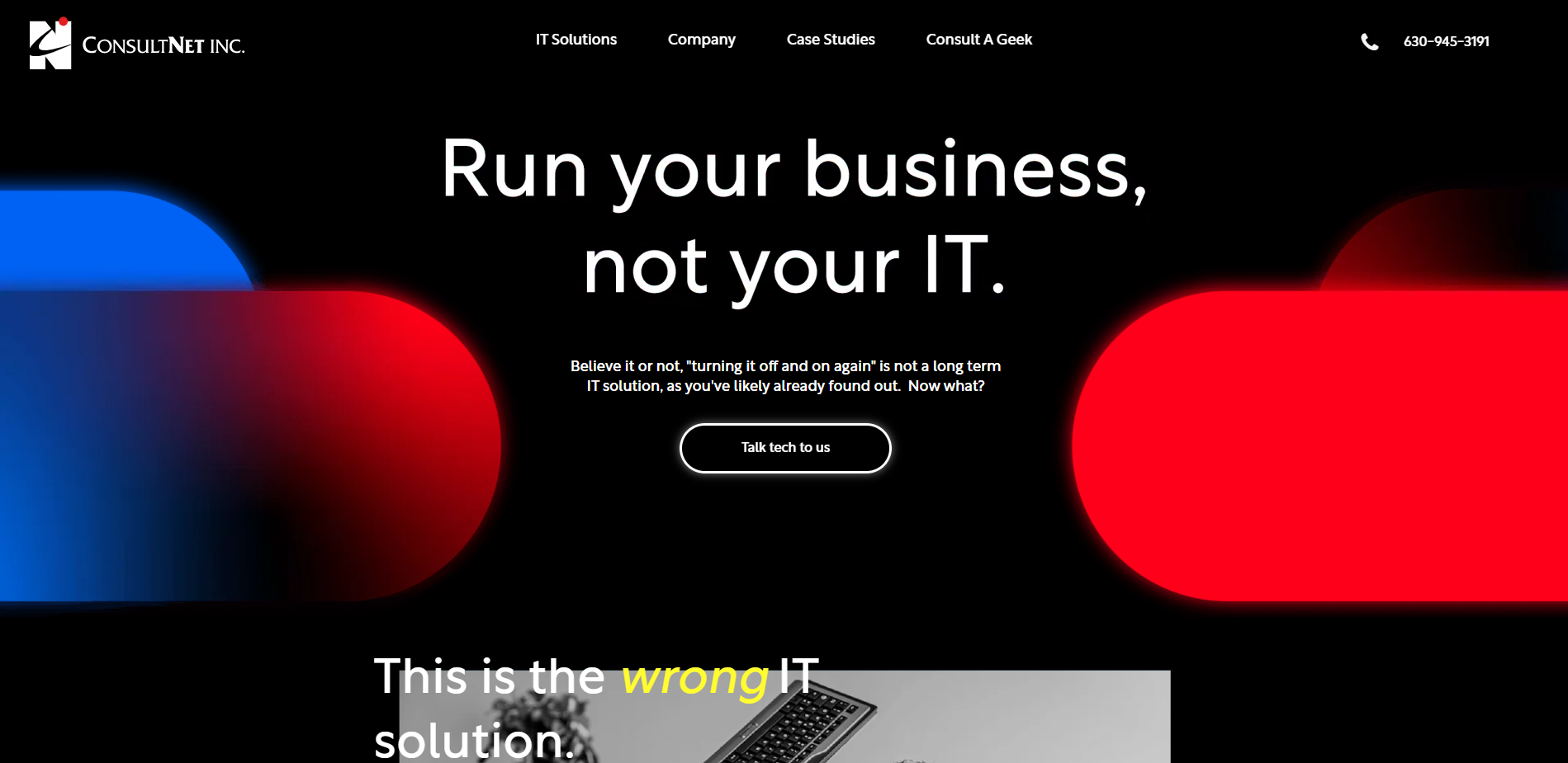 Dark website homepage with bold white text, red and blue abstract shapes, and a central button saying “Learn more”