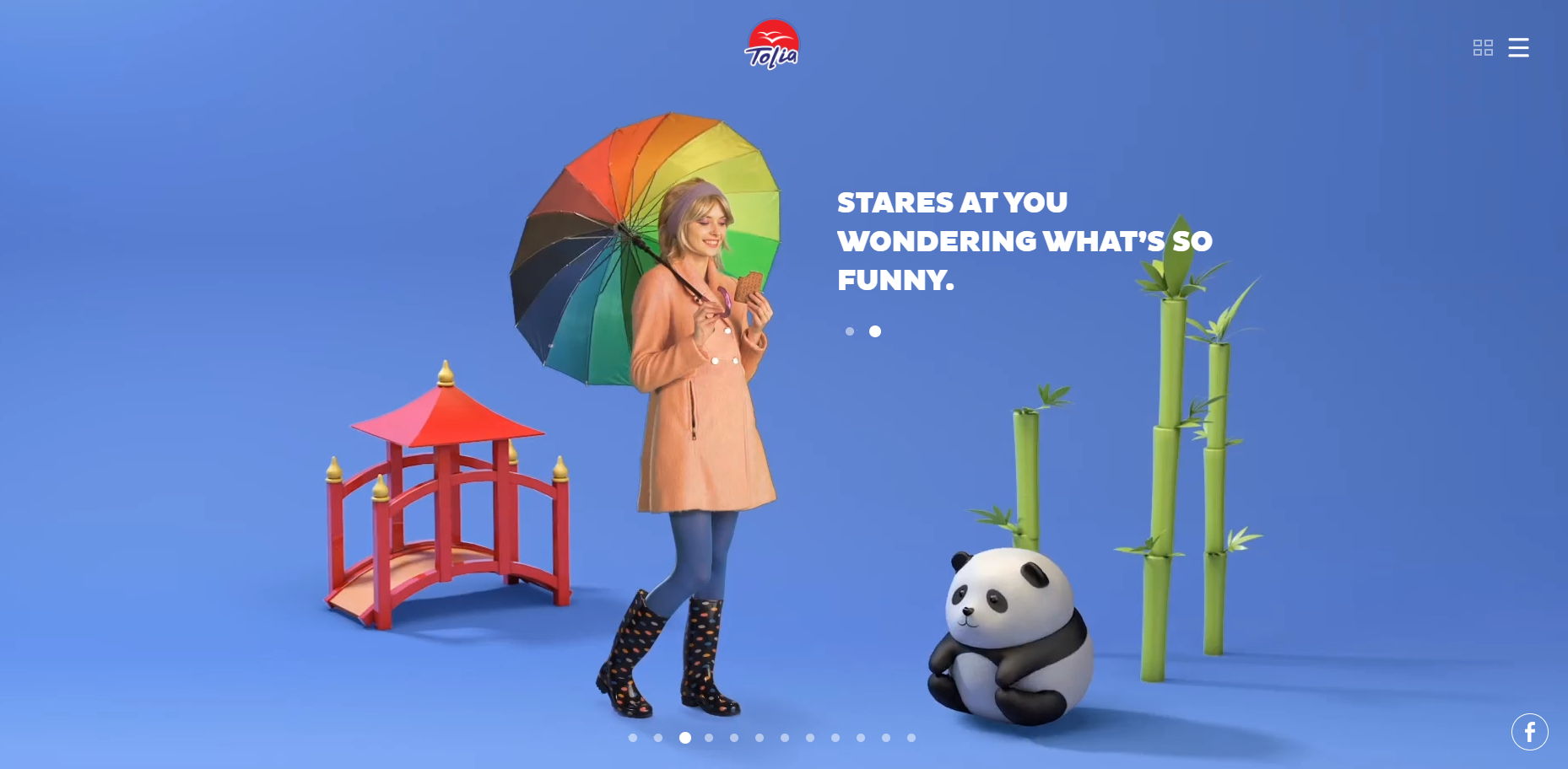 Woman in beige coat holding a multicolored umbrella beside a panda and bamboo on a blue background.