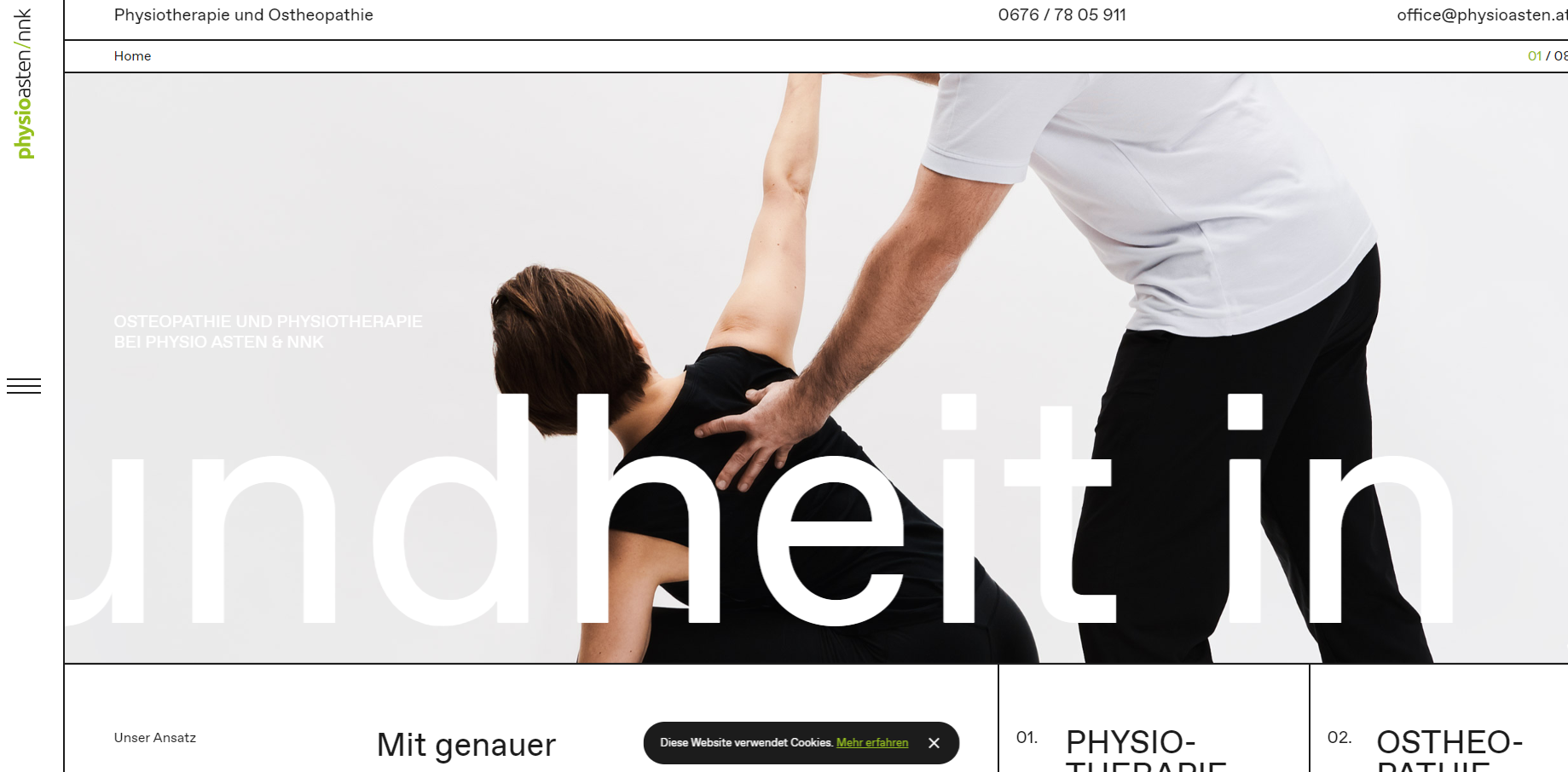 Bright website hero image with a person stretching on a white background and large headline text about fitness.