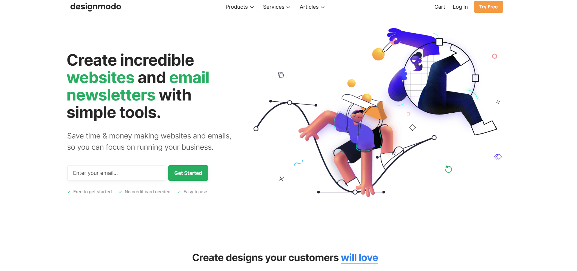 Landing page with “Create incredible websites and email newsletters” text and colorful website-building illustration