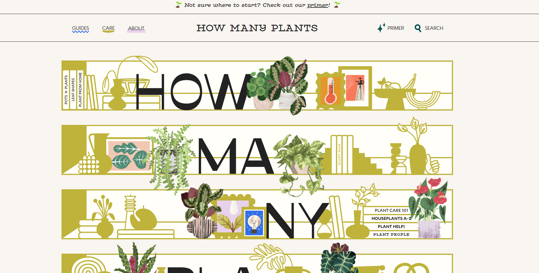 Stylized plant-themed banner spelling “HOW MANY” with illustrated greenery and framed artwork in yellow and green