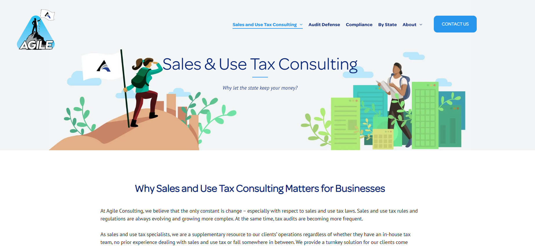 Website homepage banner for S&S Tax Consulting with tax-themed illustrations and green money stacks