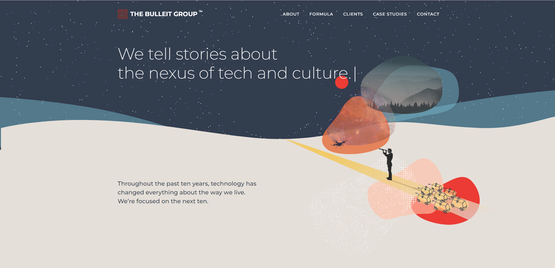 Person under snowy night sky with colorful glowing shapes and the text “We tell stories about the hidden locations.”