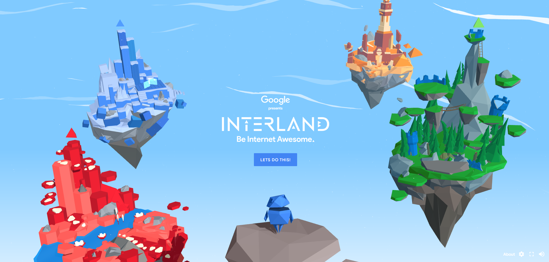 Floating voxel islands for INTERLAND: The Mystery of the Gloom with red, blue, orange, and green realms