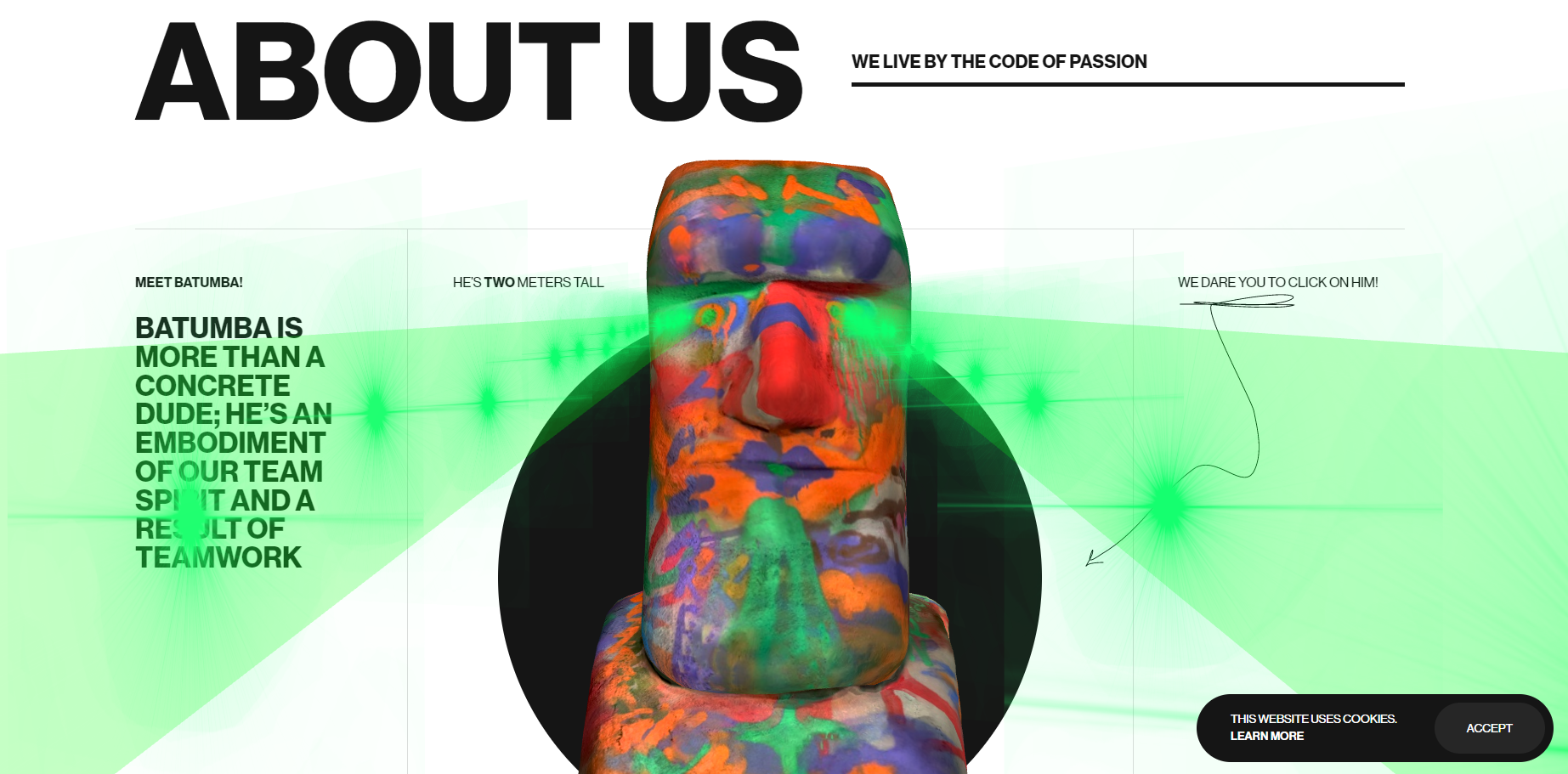 About us webpage with colorful abstract face art and green horizontal streaks on a white background