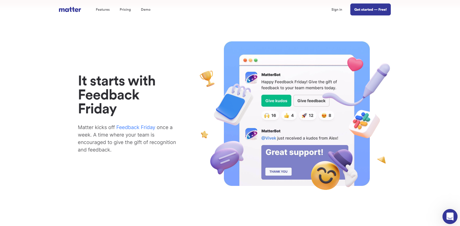 Website hero graphic with laptop, colorful feedback cards, and headline “It starts with Feedback Friday”