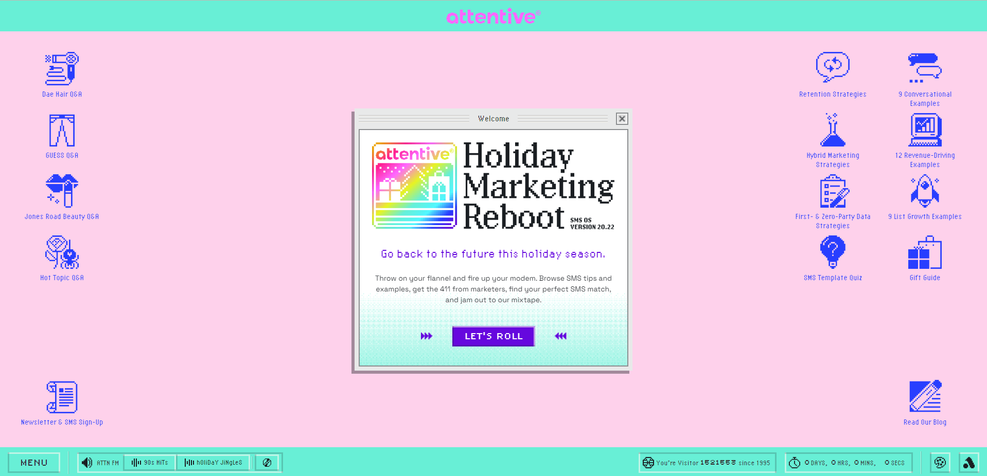 Pink desktop design mockup with a centered “Holiday Marketing Reboot” popup and tool icons around the edges