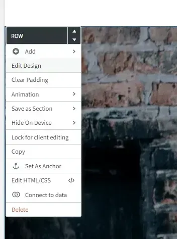 Menu for a “Row” in a page builder, with options like Edit Design, Copy, and Delete over a brick wall background