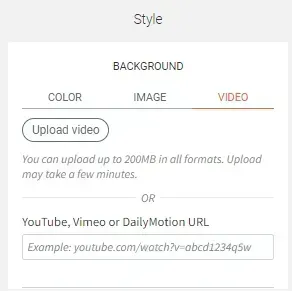 Style background settings panel with Color, Image, and Video tabs, upload video button, and YouTube/Vimeo URL field