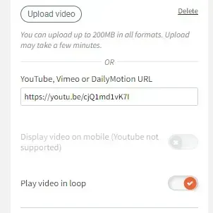 Video upload settings with YouTube URL field and toggles for mobile display and loop playback