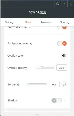 Row design settings panel with style options, overlay opacity slider, border, and shadow toggles
