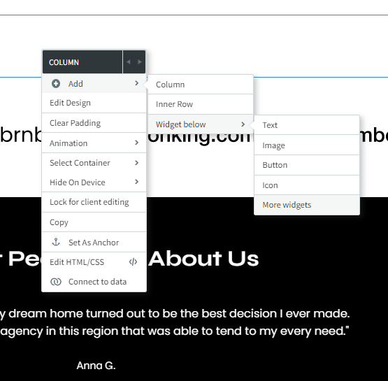 Website editor menu overlaying a web page with “About Us” text and a testimonial section.