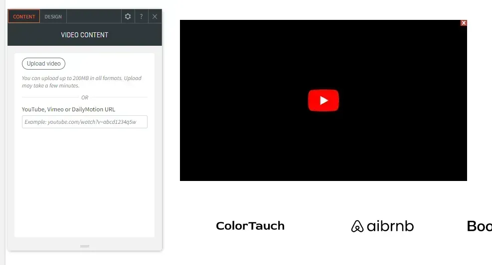Split-screen webpage with a small text panel on the left and a black video player with a red play button on the right.