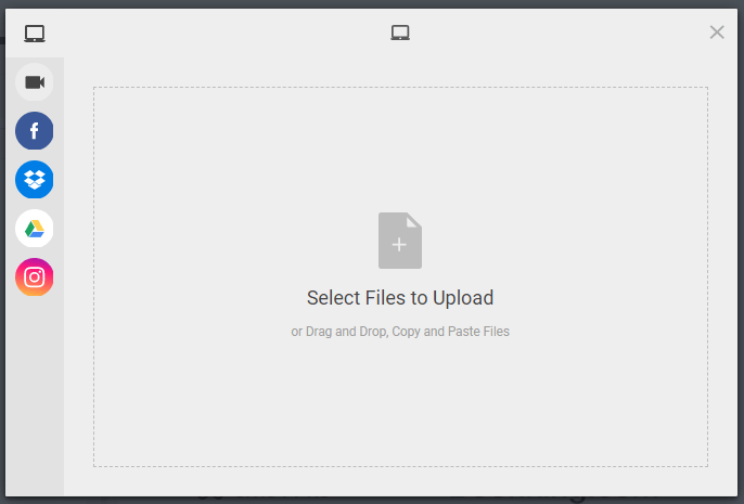 File upload window with a large drag-and-drop area and a left sidebar of social media icons.