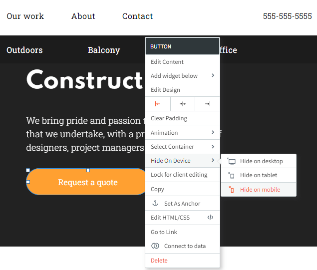 Website homepage with dark hero banner, orange “Request a quote” button, and a browser context menu open on the page