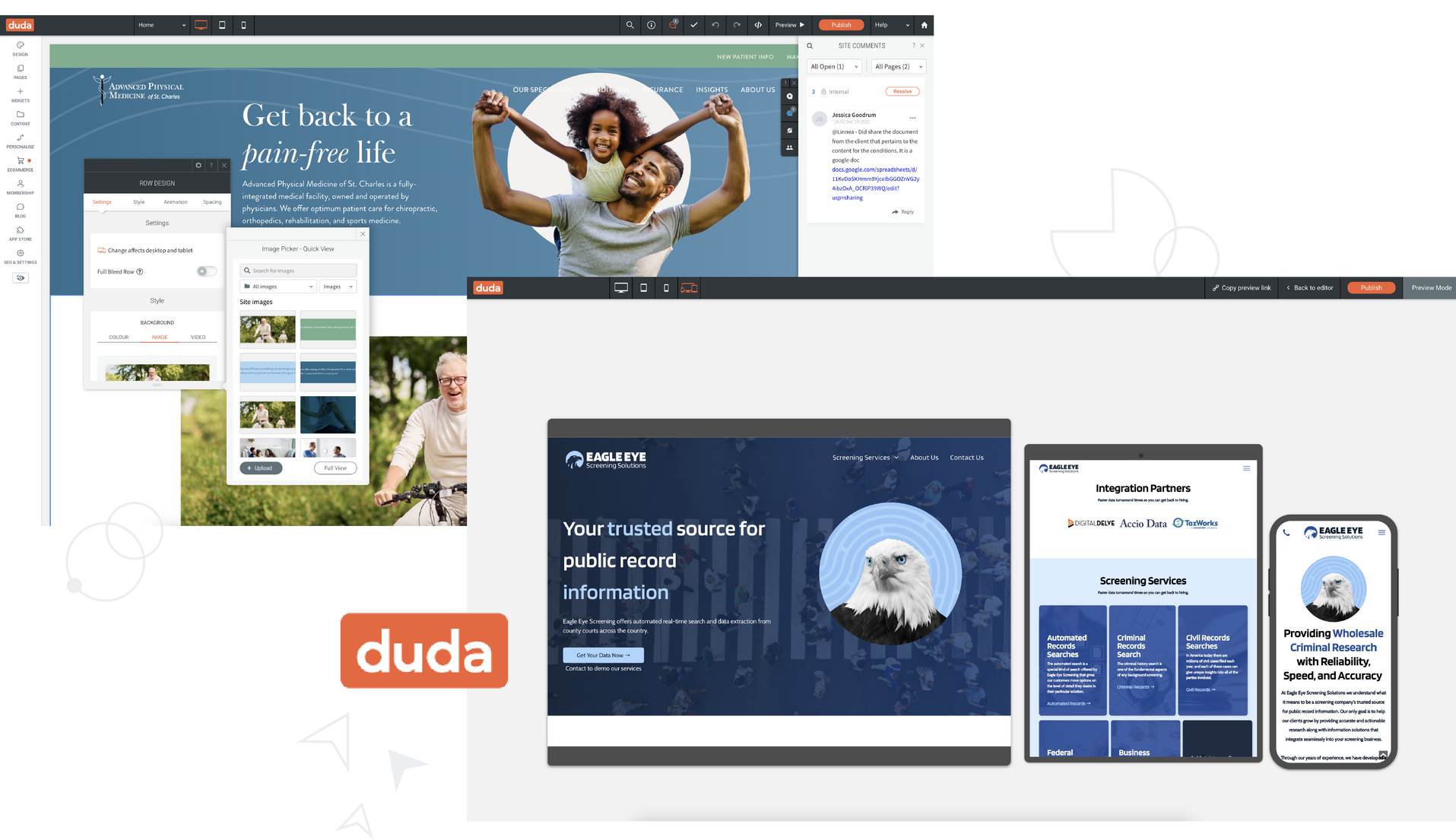 Duda website builder interface shown on desktop, tablet, and phone mockups with blue and white layouts