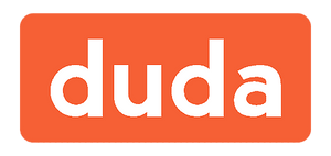 Duda logo in white lowercase text on an orange rounded rectangle background