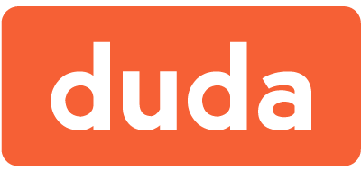 Orange Duda logo with white lowercase text on a rounded rectangle background
