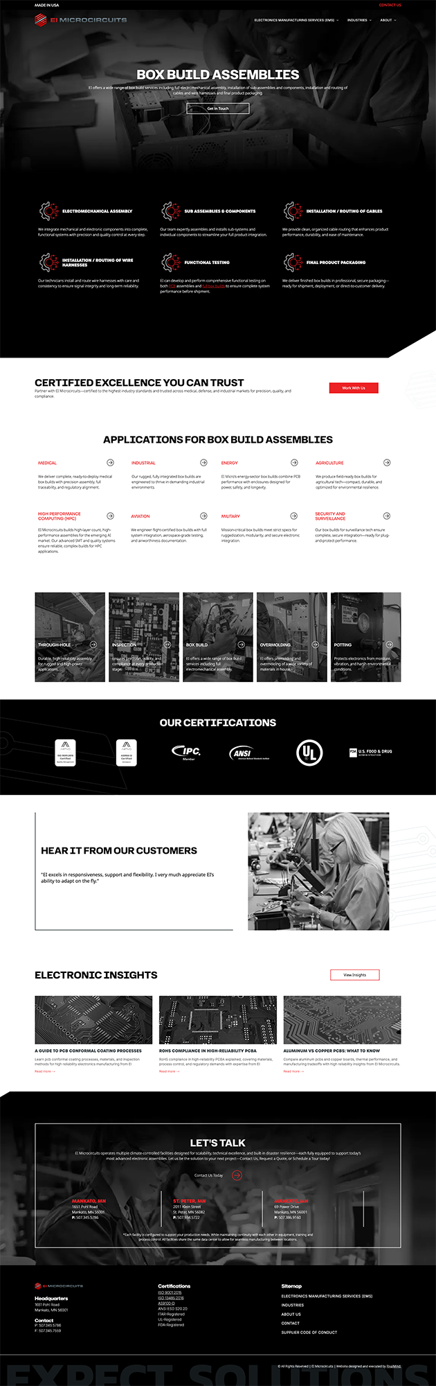 Dark-themed portfolio website homepage with black header, white content sections, and thumbnail gallery previews