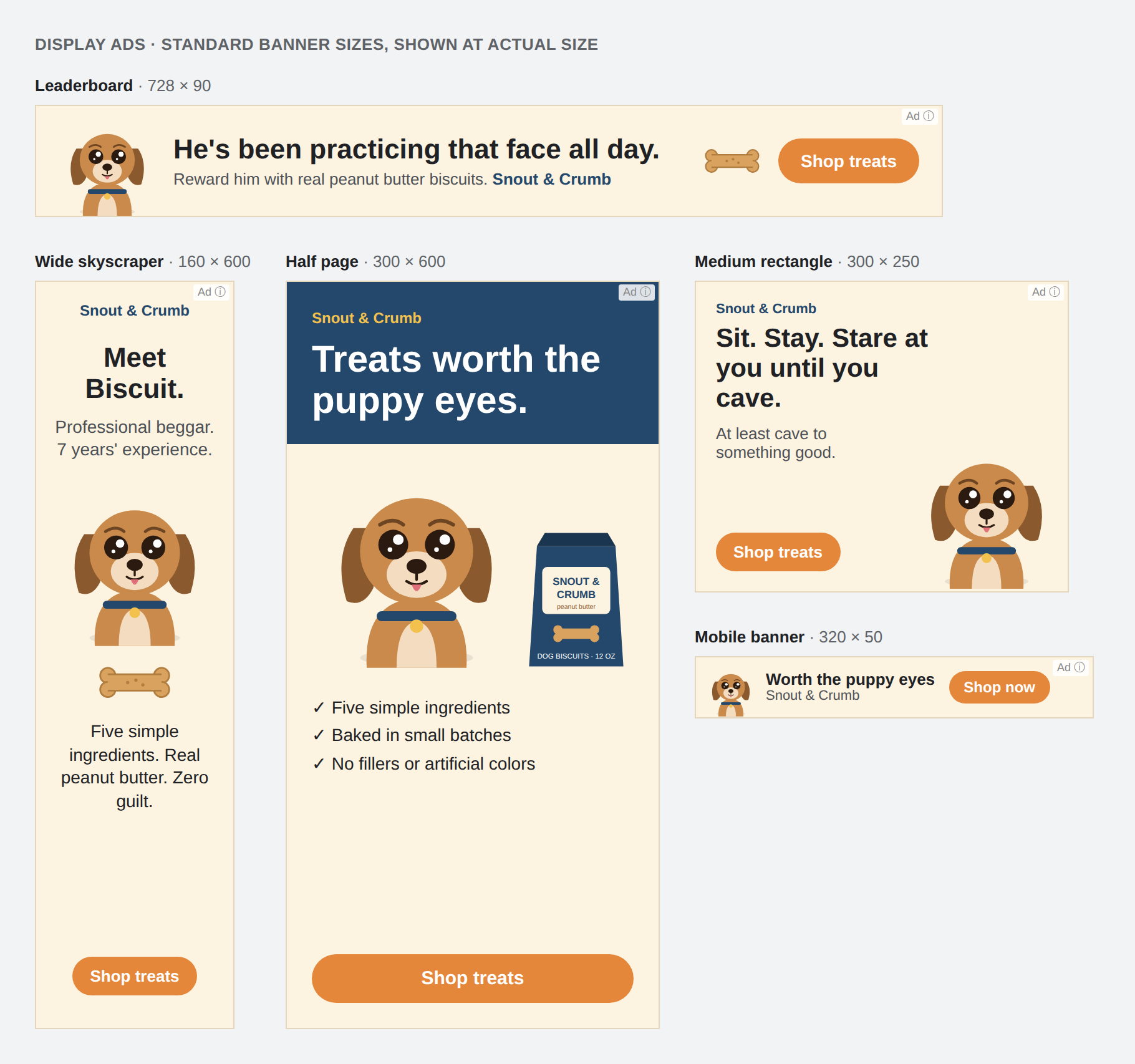 Dog food ad with cartoon puppy mascot and three promo panels on a beige website layout