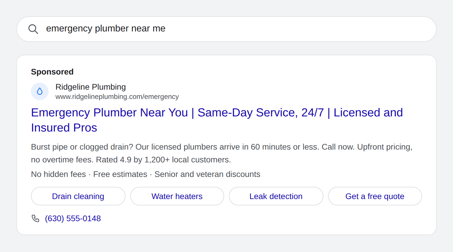 Google search results for emergency plumber near me, showing one local plumbing service listing.