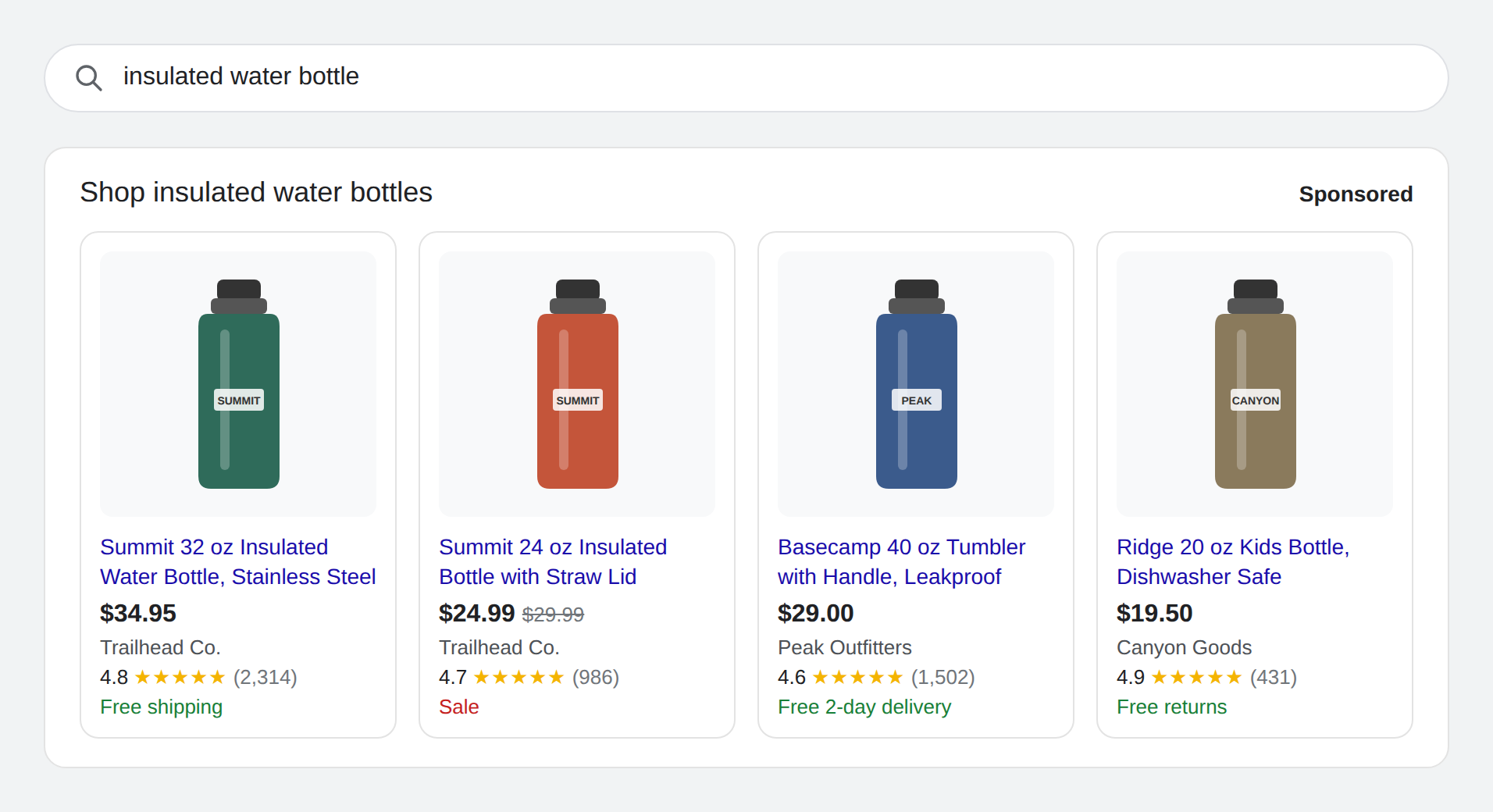 Search results page showing four insulated water bottles in green, red, blue, and tan.