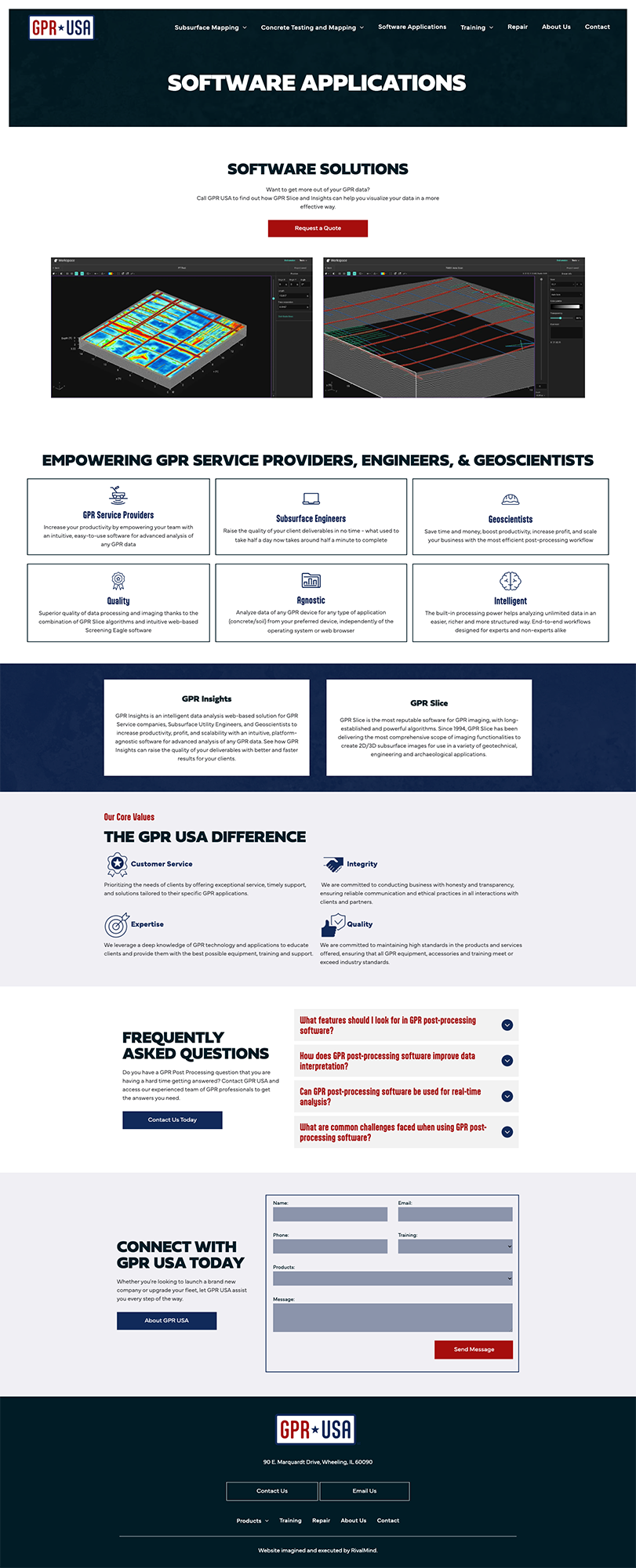 Dark blue software products webpage with product images, feature icons, and a contact form.