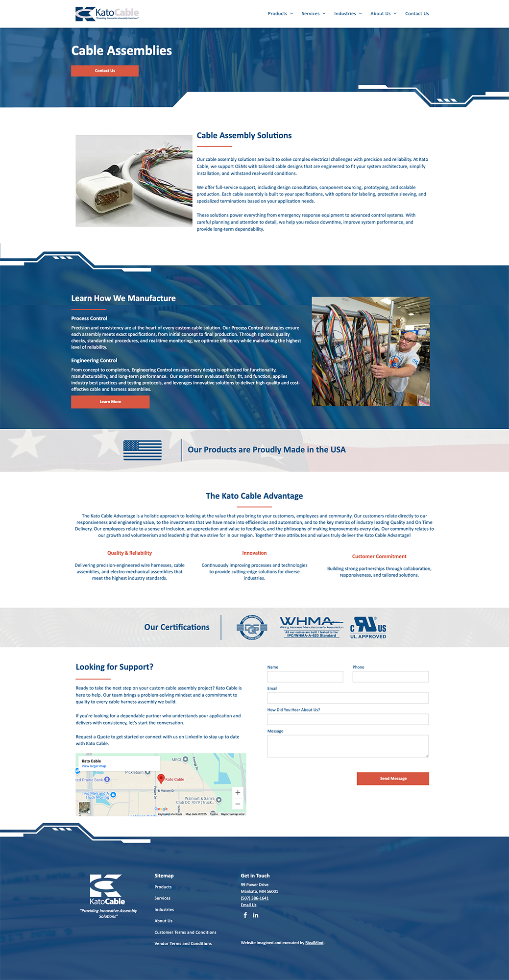 Webpage with blue header, white content sections, photos, and a form near the bottom.