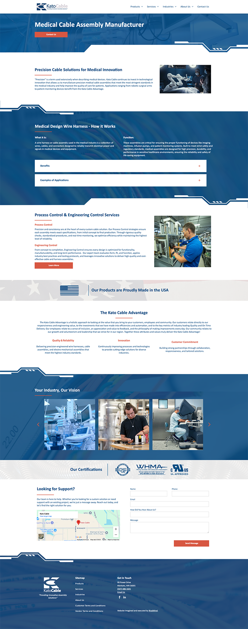 Blue and white website homepage with navigation, banner, text sections, and small photos of people working
