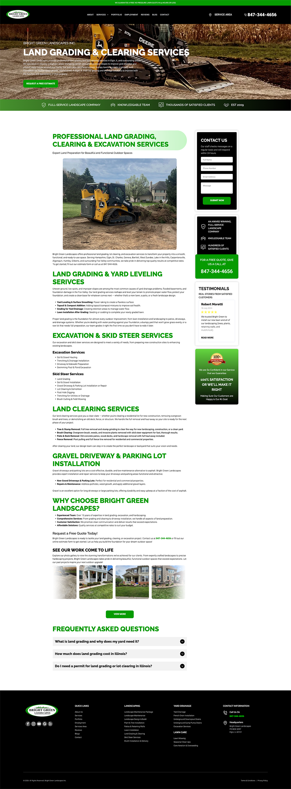 Website homepage with a deer photo, green accents, and a sidebar of navigation links and buttons