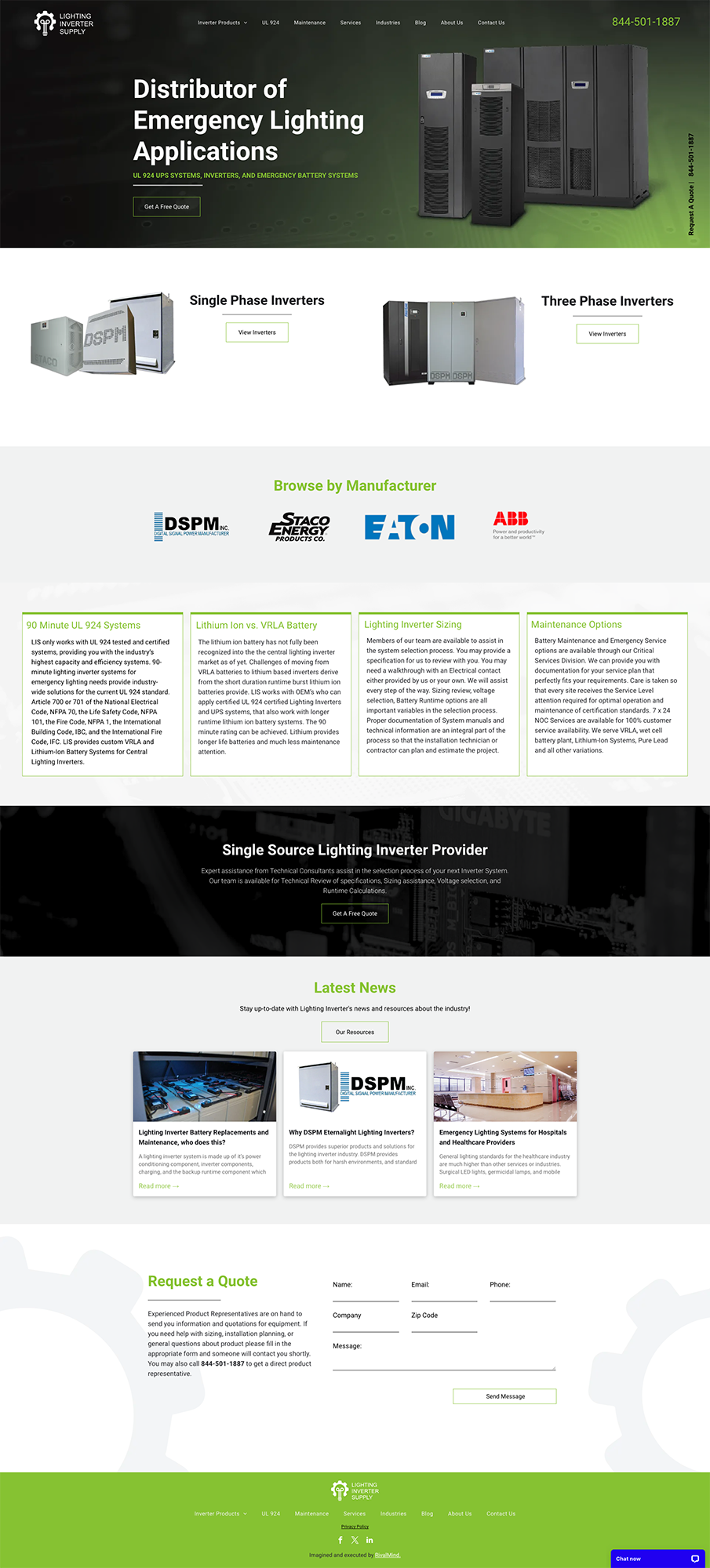 Dark-themed product landing page with smart home devices, feature cards, and a green footer section