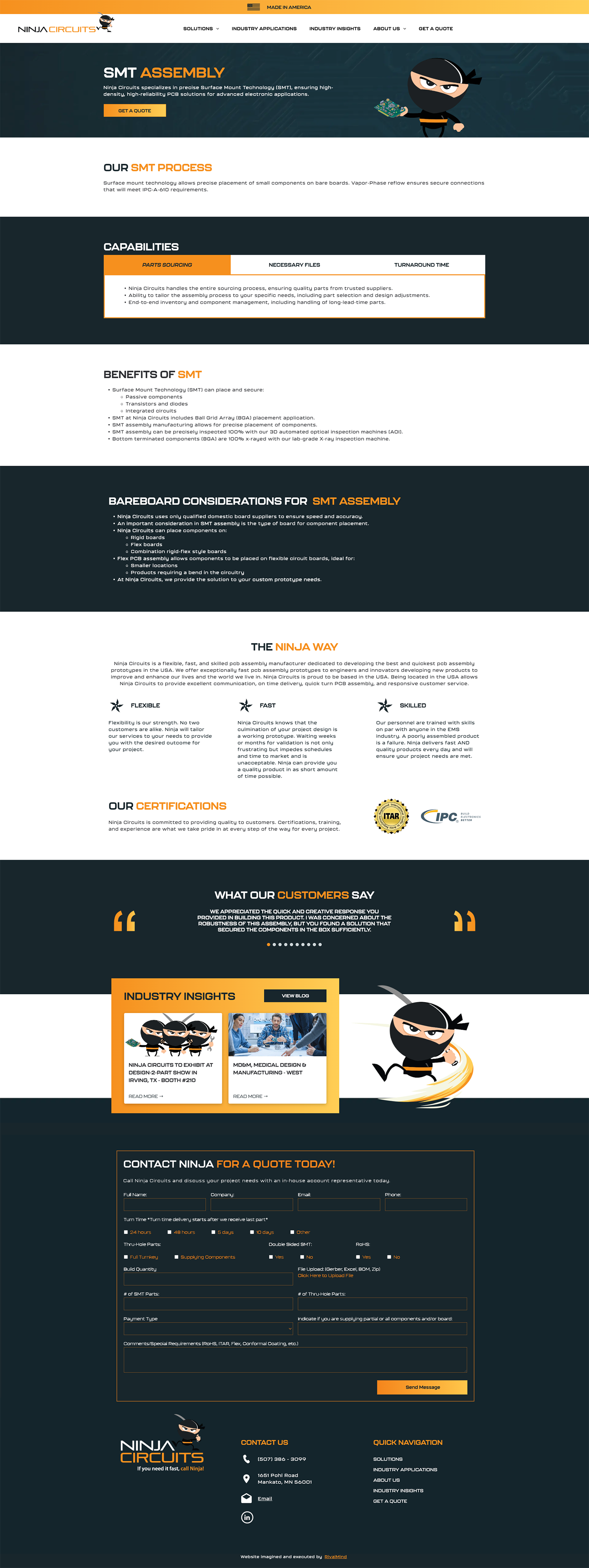 Dark-themed website homepage with orange accents, navigation bar, featured banner, and pricing/info sections