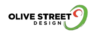 Olive Street Design logo with black text and a green-and-red circular swirl graphic