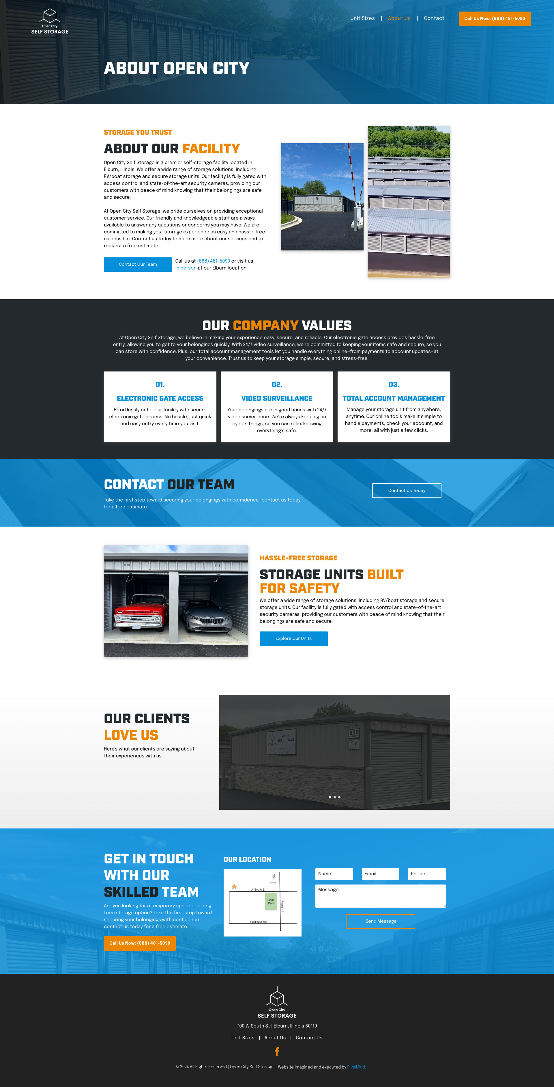 Website homepage mockup with blue sections, navigation bar, cards, and truck graphics