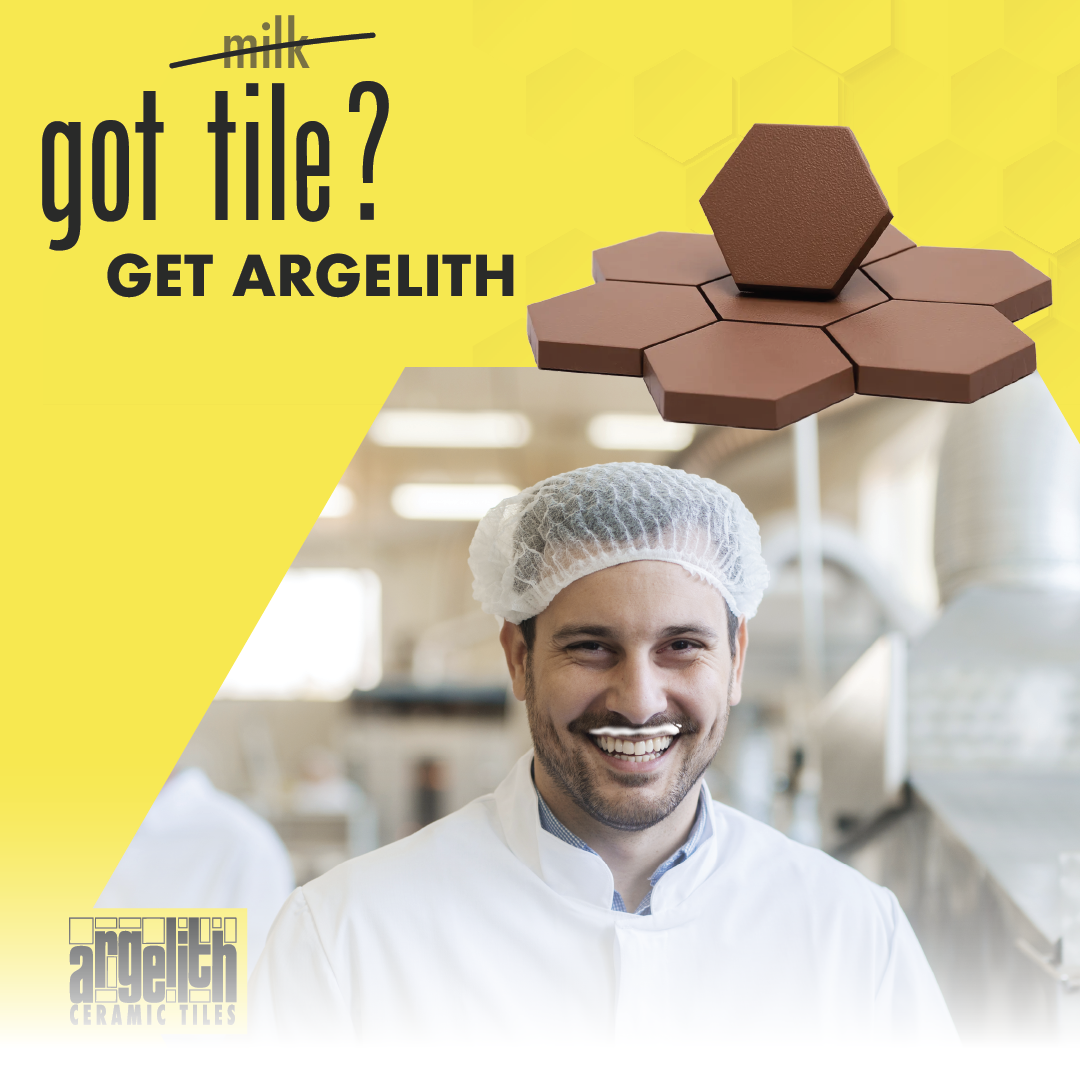 Bakery ad with smiling chef, chocolate hexagonal tiles, and text “got tile? GET ARGELITH”