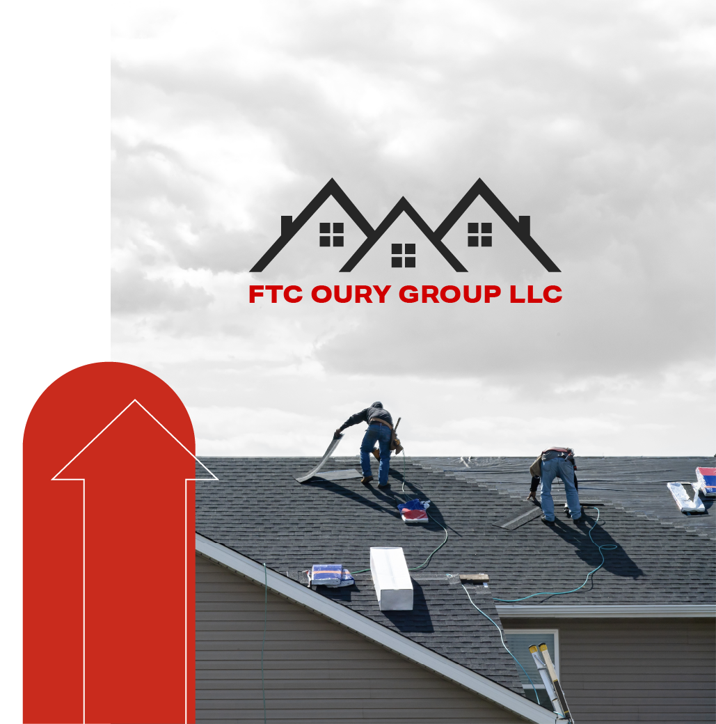 Roofing crew working on a gray shingle roof beneath the FTC Oury Group LLC logo
