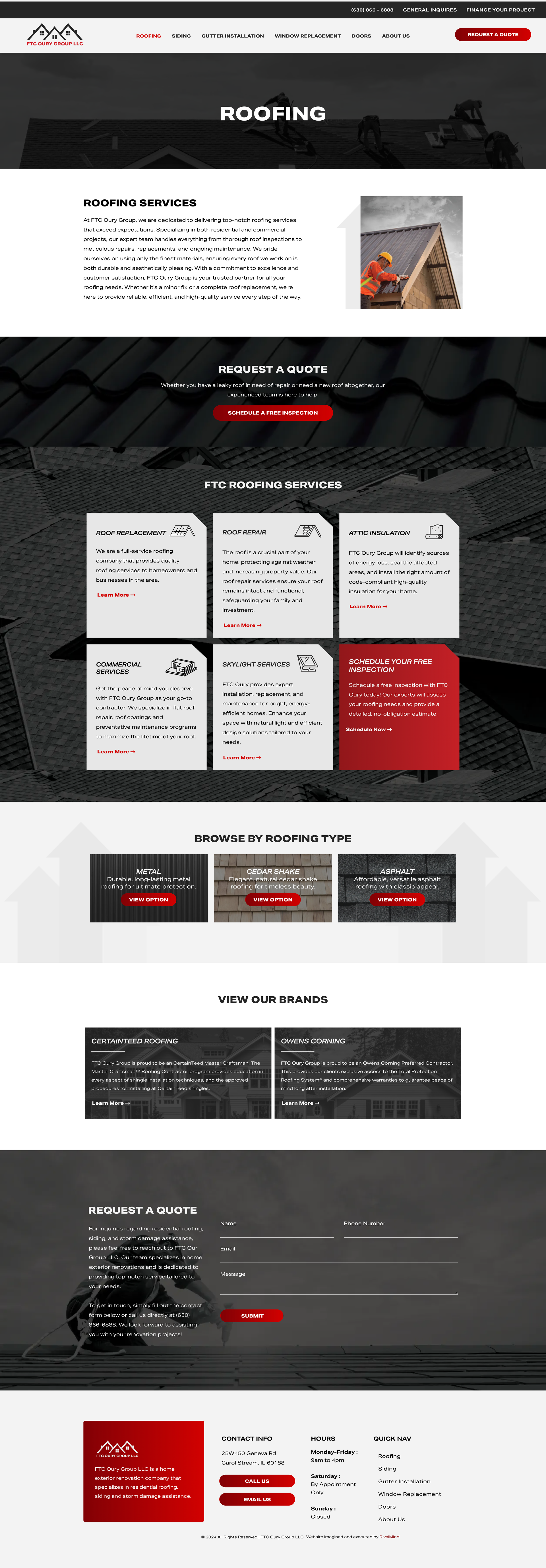 Screenshot of a dark-themed website homepage with red accents, cards, and a footer section.