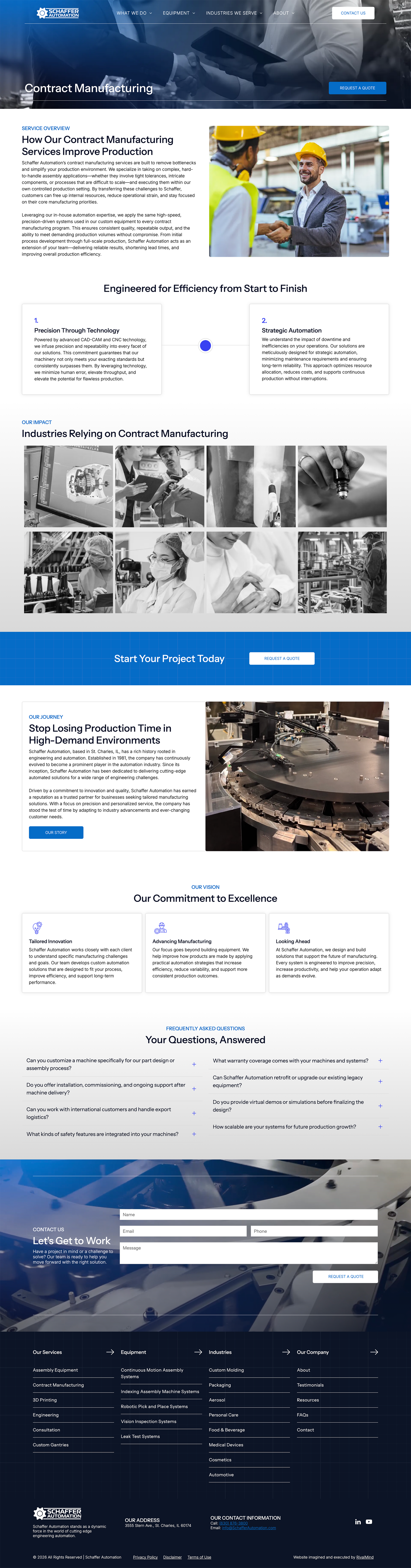 Blue and white website homepage with navigation, banner, text sections, and small photos of people working