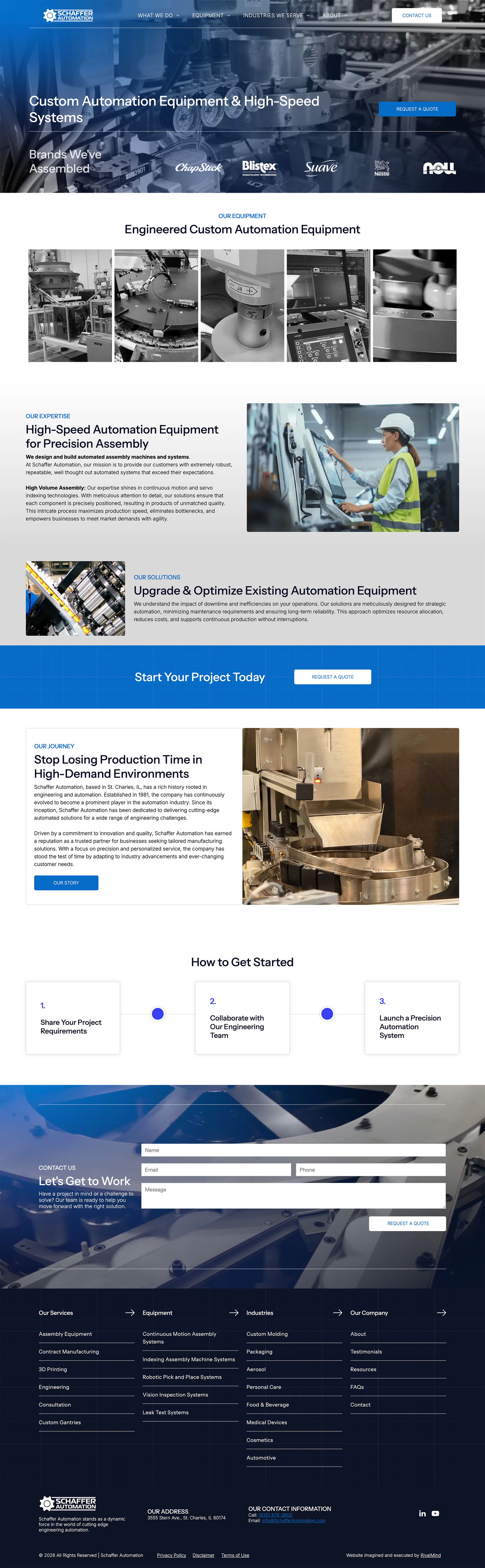 Webpage with blue header, white content sections, photos, and a form near the bottom.