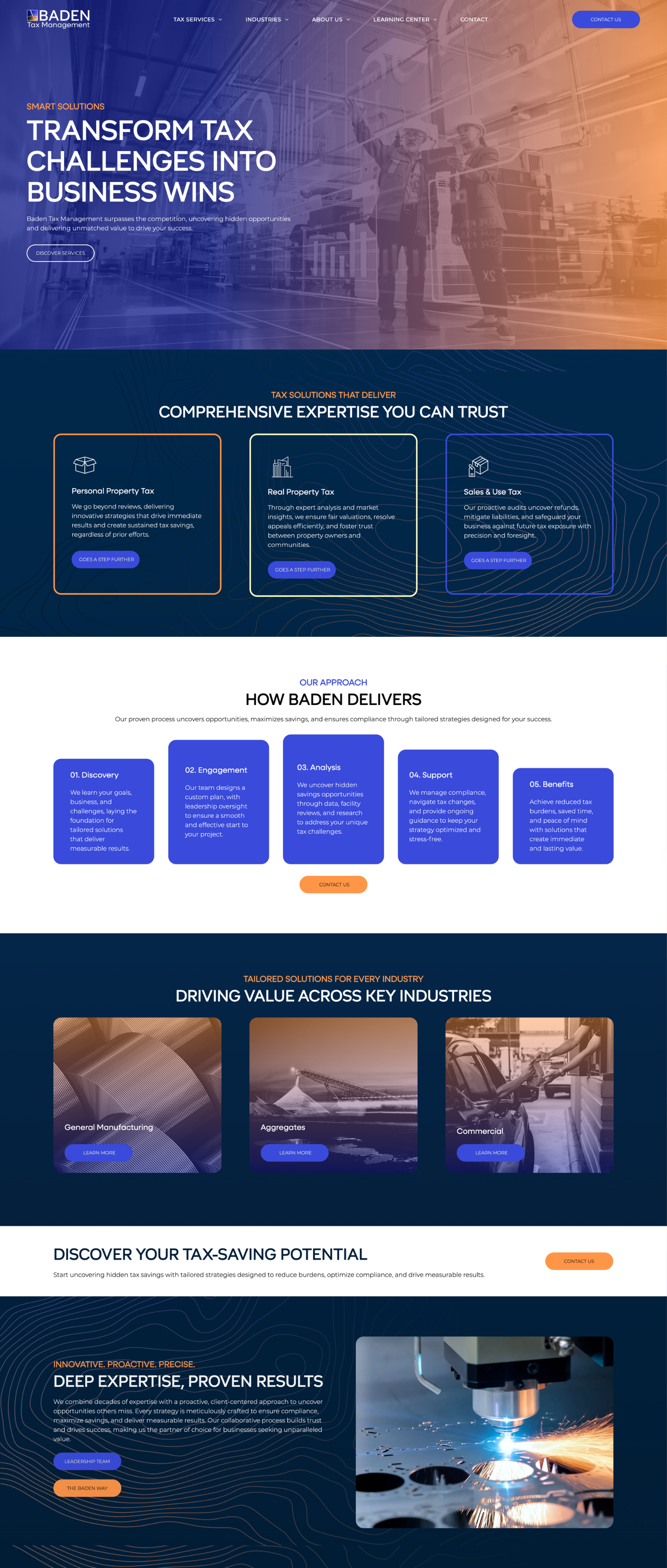 Dark blue and orange logistics website landing page with charts, cards, and truck delivery images