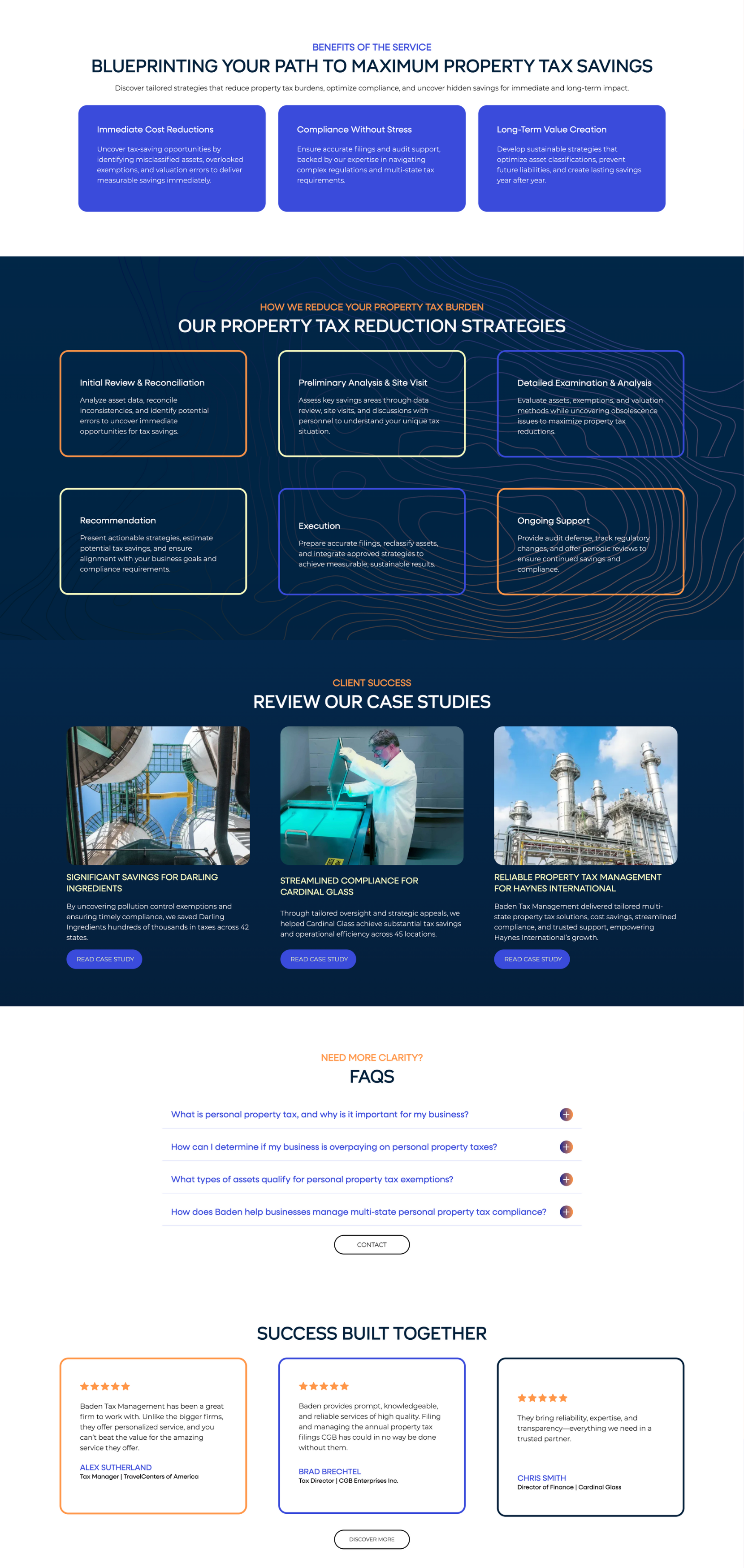 Dark blue and white website homepage with feature cards and three image tiles on a landing page